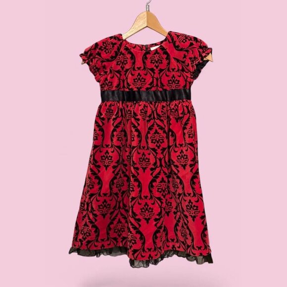 Girls Hanna Andersson Red Velvet Black Brocade Dress‎ Lace Trim-Size 120cm (6/7) - Picture 1 of 9